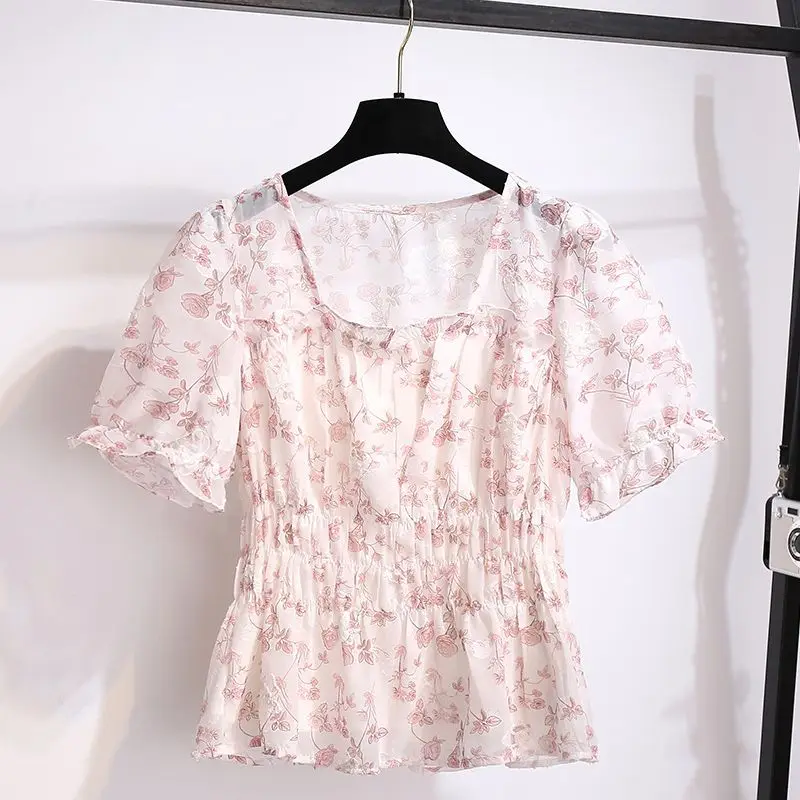 

French Floral Chiffon Blouse Women's Short Sleeve Summer New Waist Top Short StyleYY168