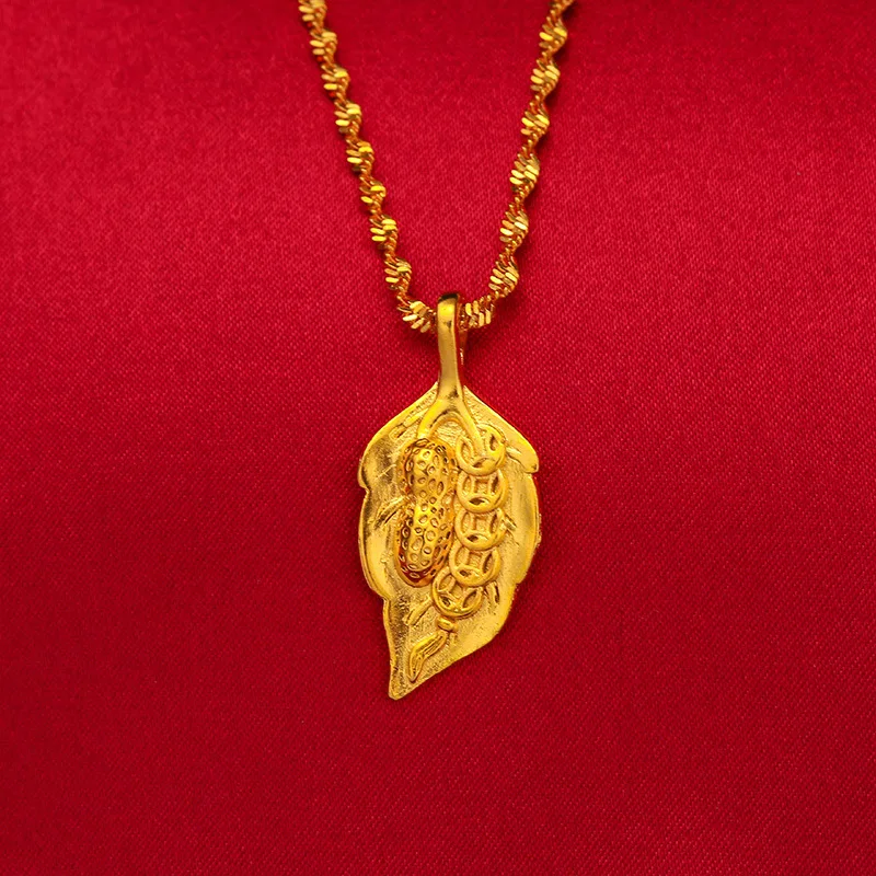 AU999 24K Gold Women's Trendy Gold Leaf Pendant - Maple Leaf Polished Style + Thin Chain, Leaf Tip Gold-Plating