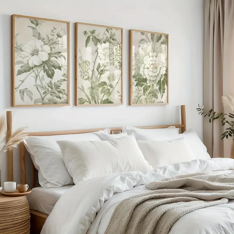 3Pcs/Set Art Classic Vintage Plant Print Sage Green Flower Wall Art Landscape Living Room Bedroom Home Office Framed Poster