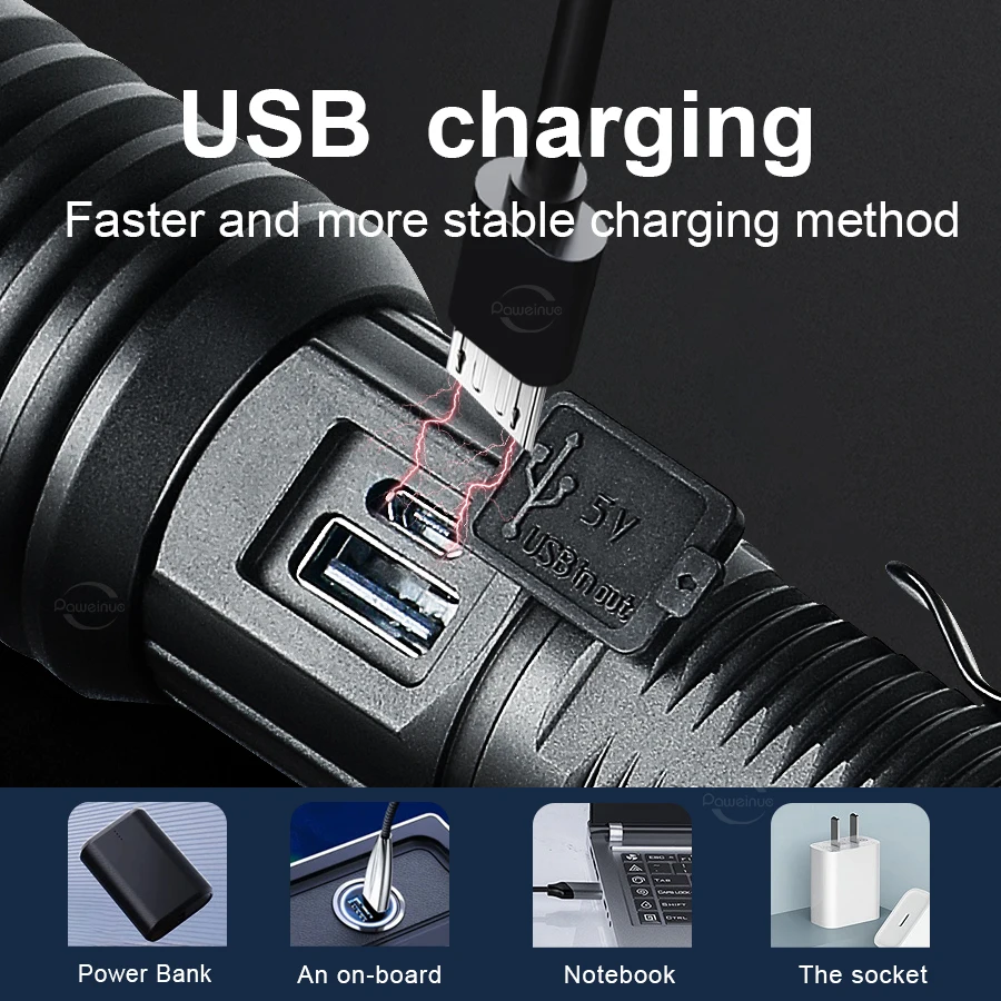 XHP160 عالية الطاقة مصباح ليد جيب السوبر مشرق الشعلة USB قابلة للشحن التكبير مشاعل مصابيح التخييم في الهواء الطلق الفوانيس التكتيكية