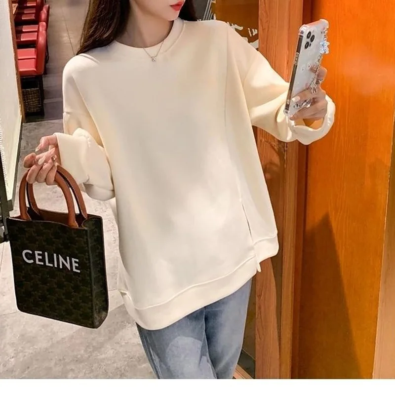 2023 New Spring and Autumn Korean Edition Fashion Simple Round Neck Loose Casual Small Split Slouchy Versatile Women's Sweater