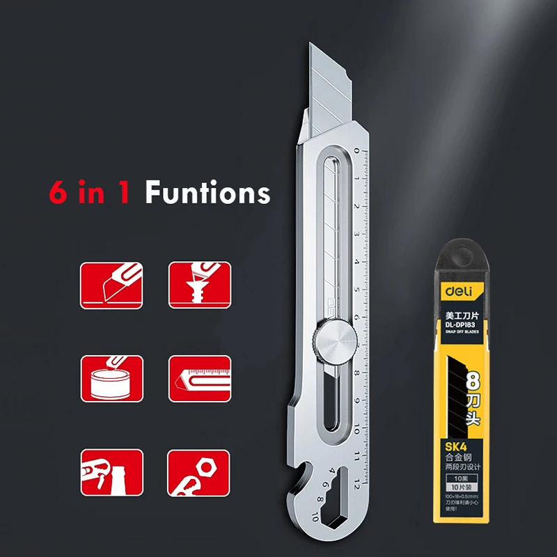 6 In 1 Multifunctional Metal Pocket Utility Knife Stainless Steel Retractable Box Cutter Multitool нож for Carpet Cardboard