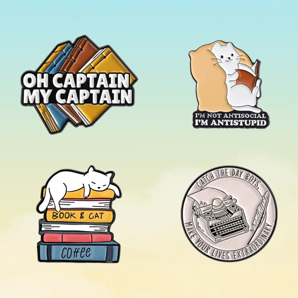Book Lover Enamel Pins Set Oh Captain My Captain Brooch Cat Reading Book Badge Typewriter Coin Pin For Backpack Clothing Gift