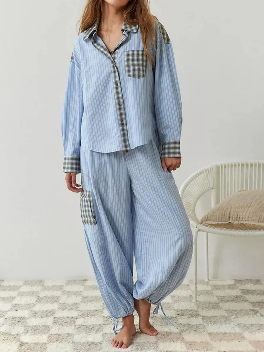 Women Retro Plaid Pajama 2 Piece Set Long Sleeve Button Shirt & Elastic Waist Pants Set Casual Sleepwear Loungewear Homesuit