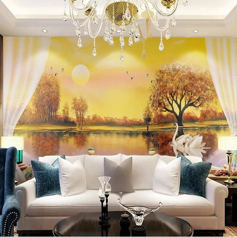 Custom Wallpaper 3D Murals European Oil Painting Swans Autumn Nature Landscape Balcony Photo Living Room TV Sofa Background