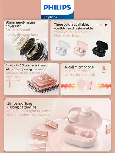 Imagen 2 del producto Auriculares originales oficiales Philips TAT1209, inalámbricos por Bluetooth 5,3, auriculares HiFi HD para llamadas, Control táctil, larga vida útil