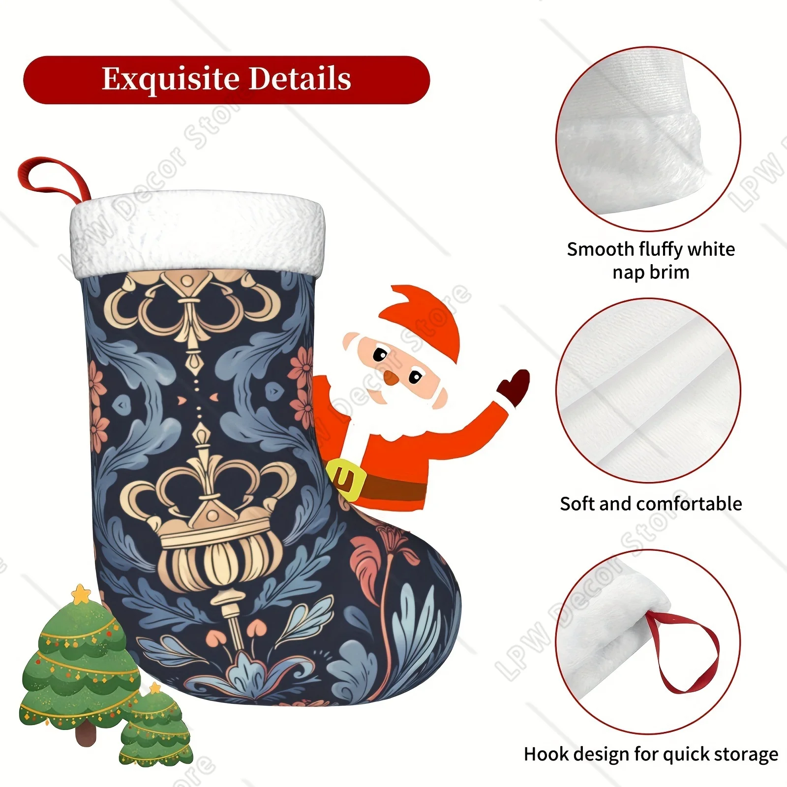 花柄と王冠模様のクリスマスストッキング カフ暖炉吊り下げストッキング 家族のクリスマスデコレーション ホリデーシーズンパーティー用