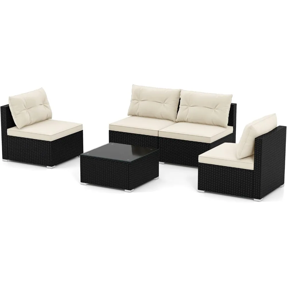 Bistro Set，5-Piece Outdoor Patio Furniture Set, Rattan Sectional Sofa Set w/Glass-Top Coffee Table, Soft Seat & Back Cushions