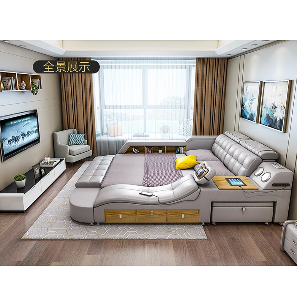 #Multifunctional Tech Smart Genuine Leather Bed with Massage Recliner, Bluetooth Speakers, USB, Bookshelves & Storage Drawers