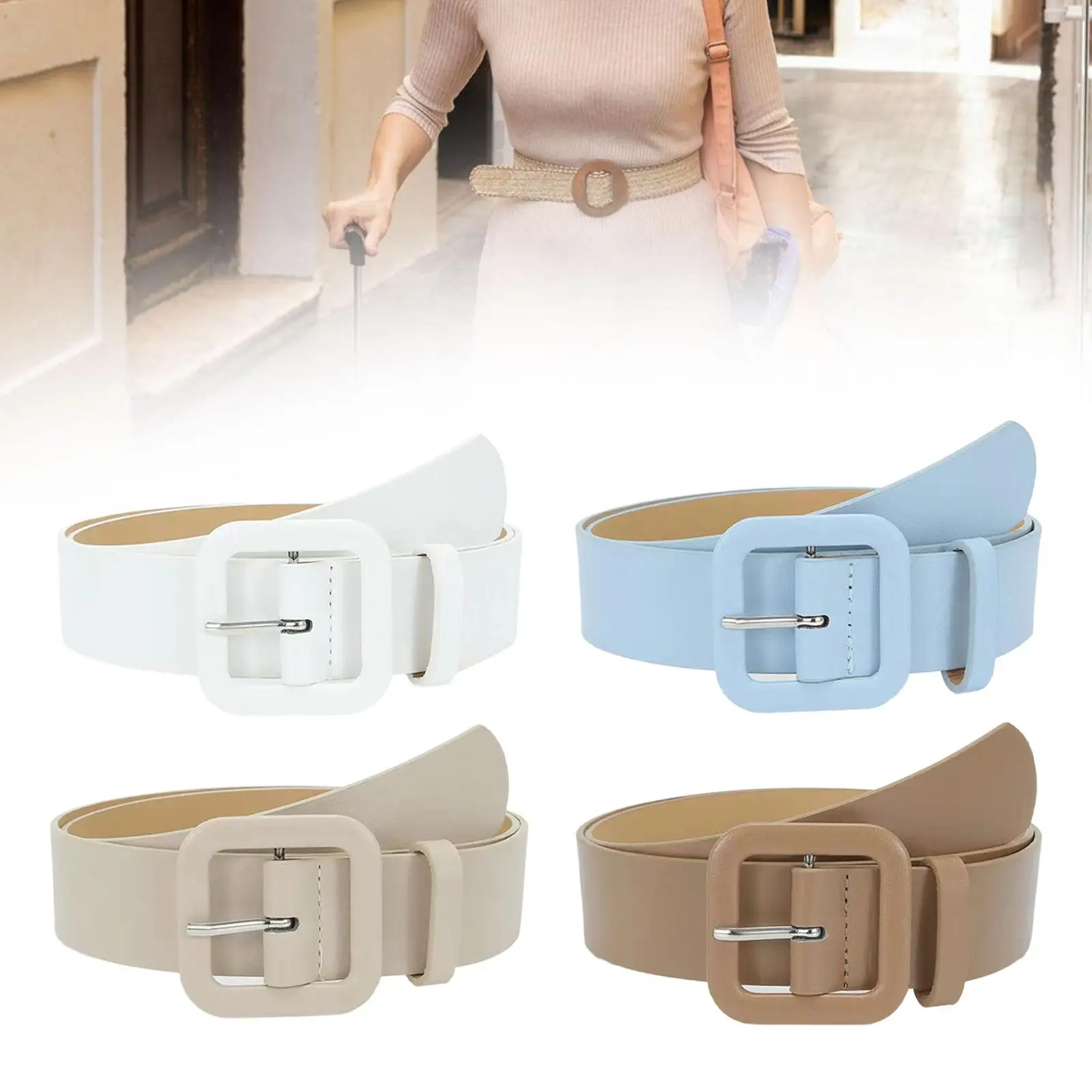 Womens PU Leather Belt Pin Buckle Belt Trendy Dress Belt for Jeans Skirts Coats