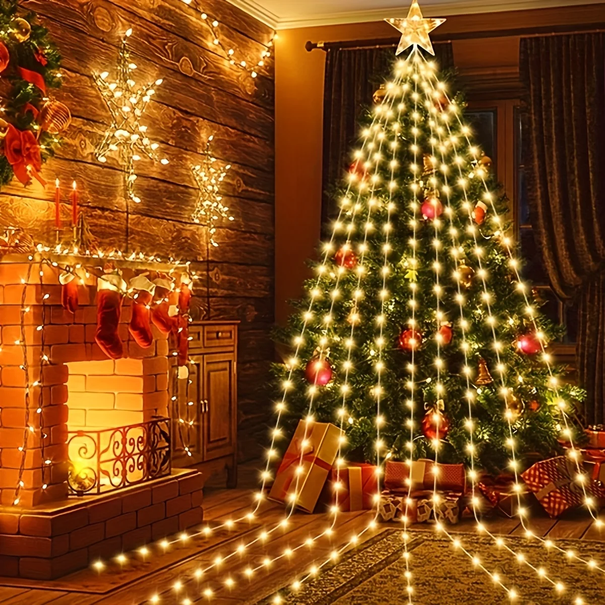 LED Star Topper Christmas Tree Waterfall Lights, USB Powered, Remote & Timer, 8 Lighting Modes, Great Indoor Decor for Holiday