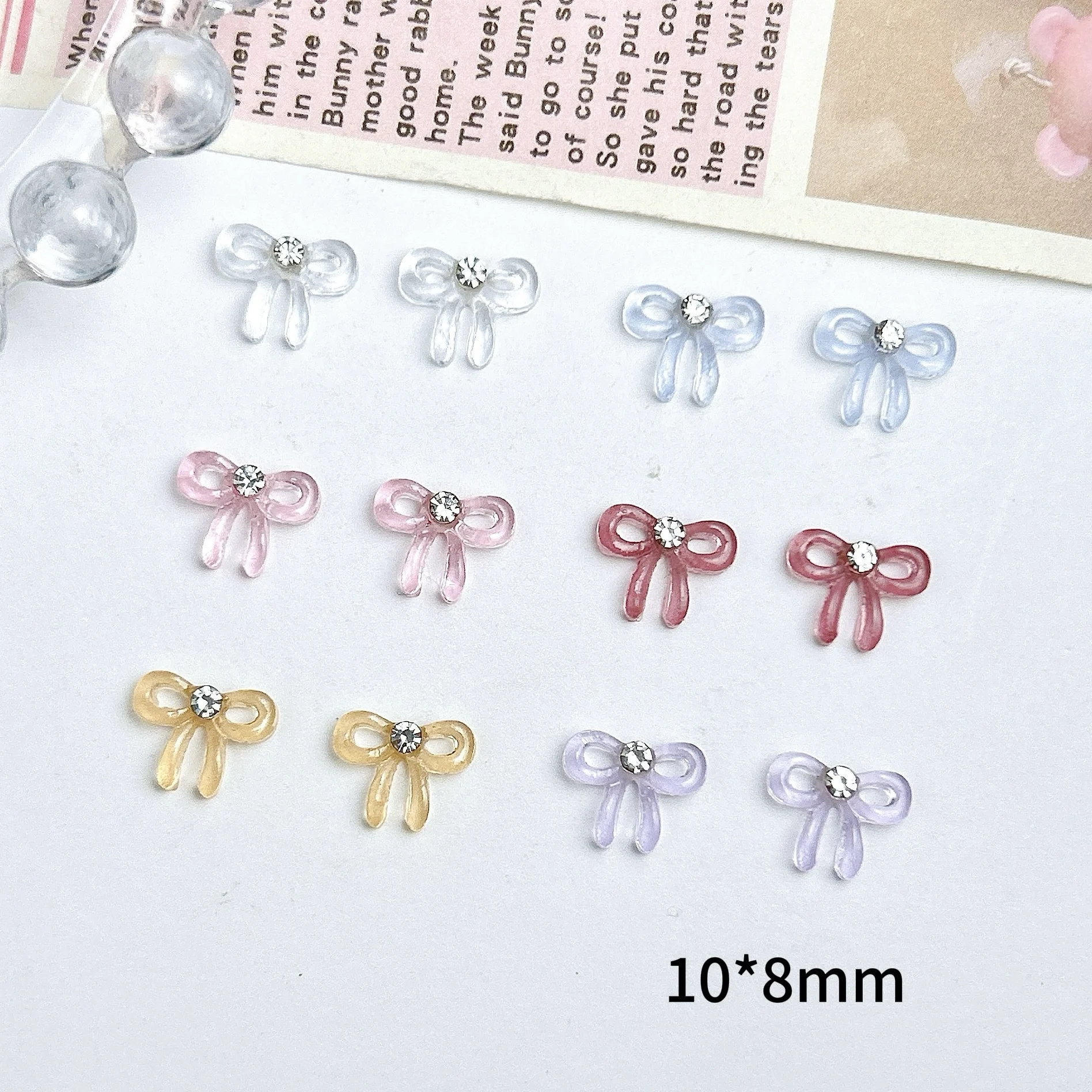 50PCS Solid Color Minimalist Bows Nail Charms Translucent Jelly Bowknots Mini Rhinestones Inlaid Nail Art Decorations for DIY
