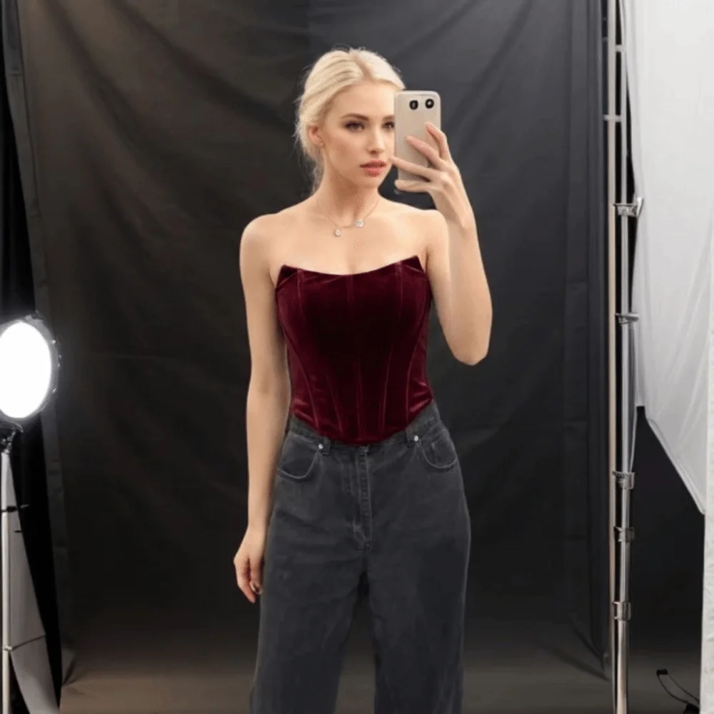 Sexy Wine Red Velvet Corset Top Bustier Design Party Wear Boned Corset Bustier Elegant Outfit Zipper Slim Crop Top For Women