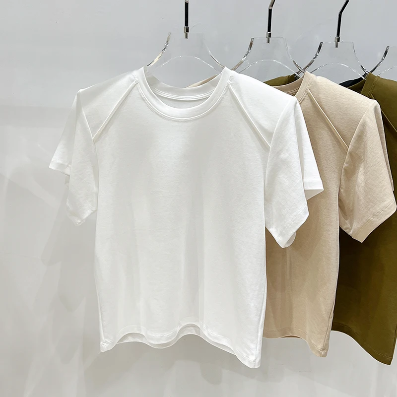 Trendy O-neck Solid Bright Line Decoration Tee Korean Style Slim Short Sleeve Women T-shirt 2026 Summer Casual Versatile Tops