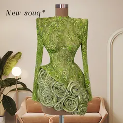 Green Long Sleeves Short Prom Dresses High Collar 3D Flowers Sparkly Pearls Beaded Mini Cocktail Party Gowns Customized