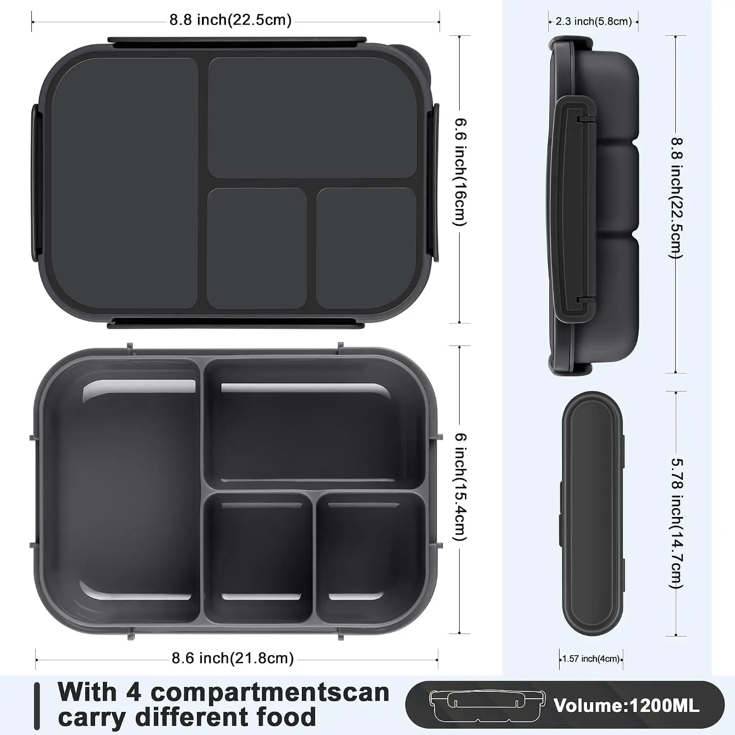 1200ml 4 Compartment Bento Lunch Box for Adults Kids Toddler, Leakproof Lunch Containers with Utensil, BPA Free, Microwave Dishwasher Freezer Safe