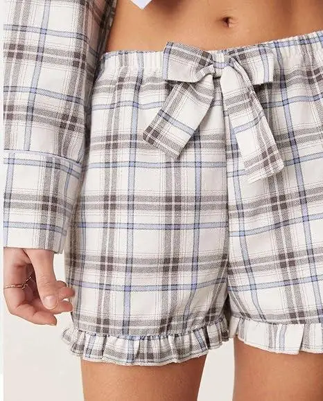 

Женский пижамный комплект из 2 предметов, милая клетчатая рубашка с длинными рукавами и бантом спереди + шорты, комплект одежды для отдыха S M L