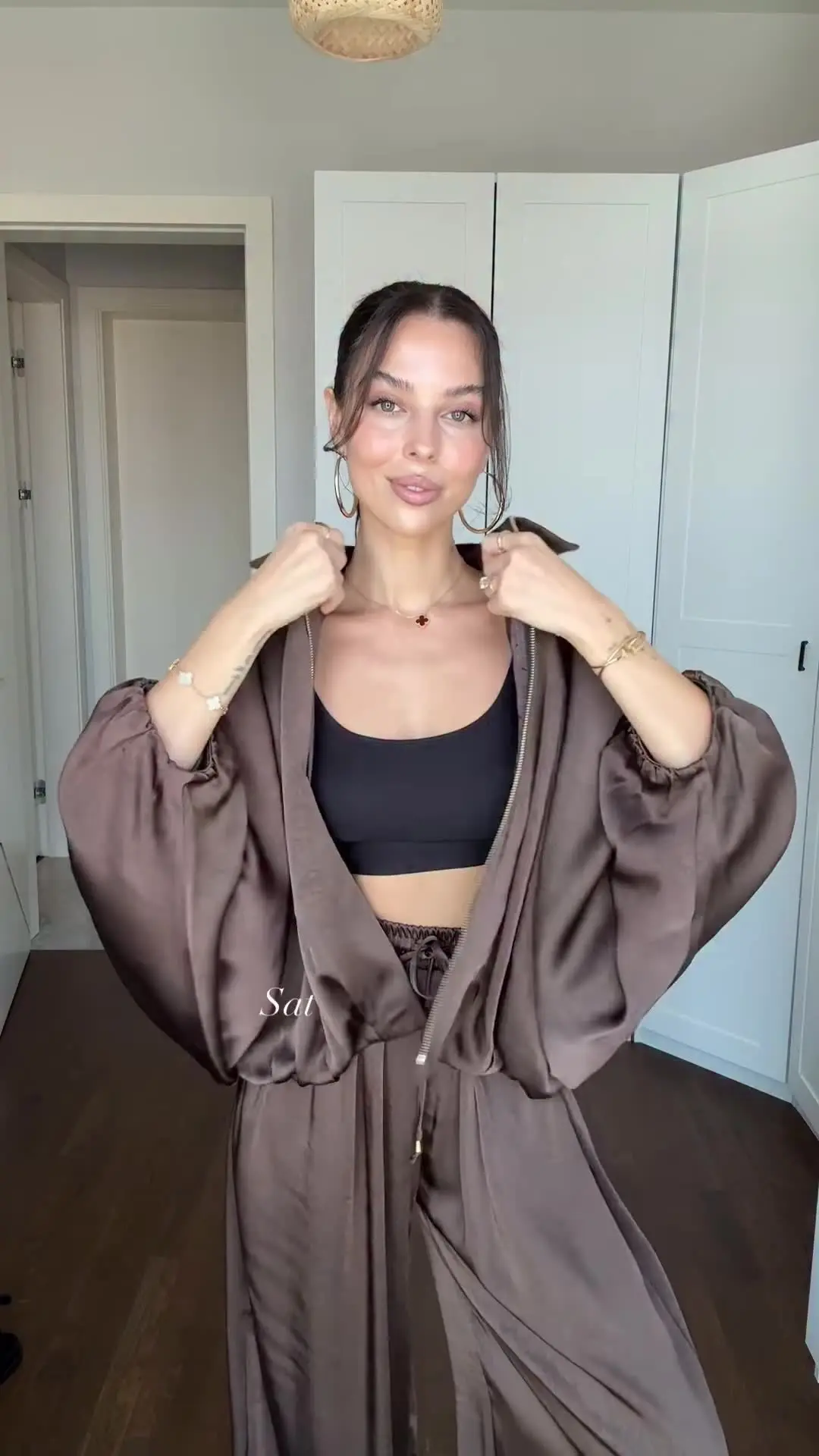 

Casual Satin Two-pieces Pants Sets Women's Loose Full Sleeves Zippers Coats Wide-leg Long Trousers 2026 New Ladies Solid Suits