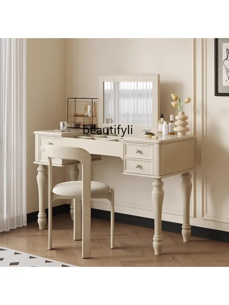 Cream Style French Retro Dressing Table Bedroom American-Style Solid Wood Flip Surface with Mirror Birch Makeup Table and Chair