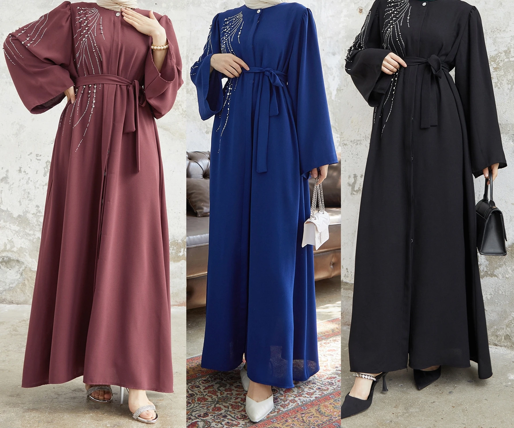 فستان جديد بأسلوب الشرق الأوسط مع أربطة وخرز، تطريز كثيف، رداء طويل بتصميم A-line، خصر مرتفع، أكمام طويلة، مناسب للربيع والصيف