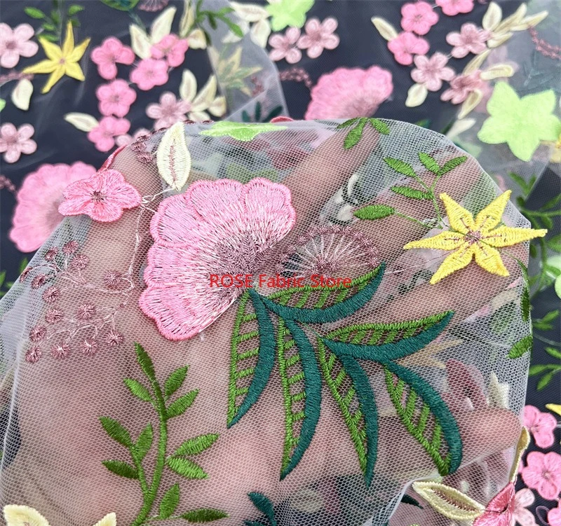 25 Colors Beautiful  Pretty Pink Flower Embroidery Fabric, Leave Floral Lace tulle for Wedding Gown, Party Dress, Garden Dress view 2