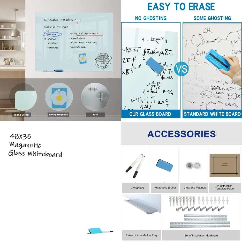 

48x36 Inch Wall-Mounted Glass Dry Erase Whiteboard, Frameless Magnetic Board for Office, Home, and School