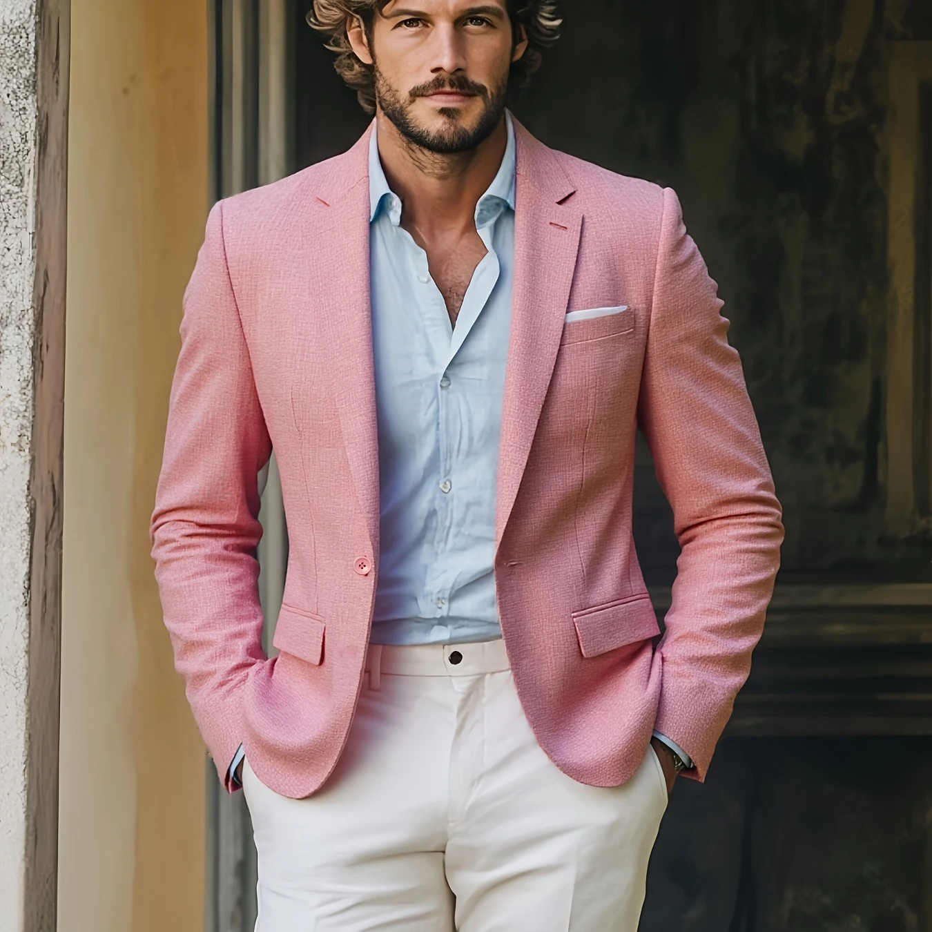 Men's Salmon Pink Textured Weave Single Breasted Blazer with Notch Lapel and Flap Pockets Summer Casual Suit Custom Made M261583
