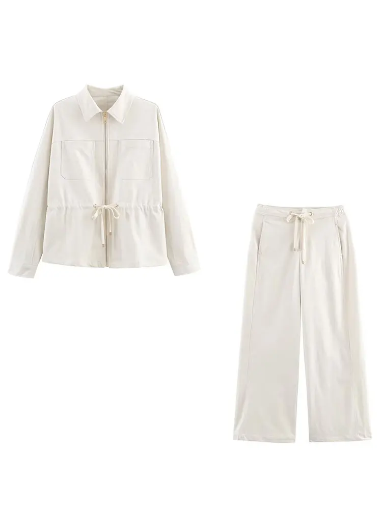 HH Conjuntos de calças de outono para mulheres, elegante, moda, cintos ajustáveis, casaco, manga comprida, jaqueta com zíper, calças largas, roupas casuais