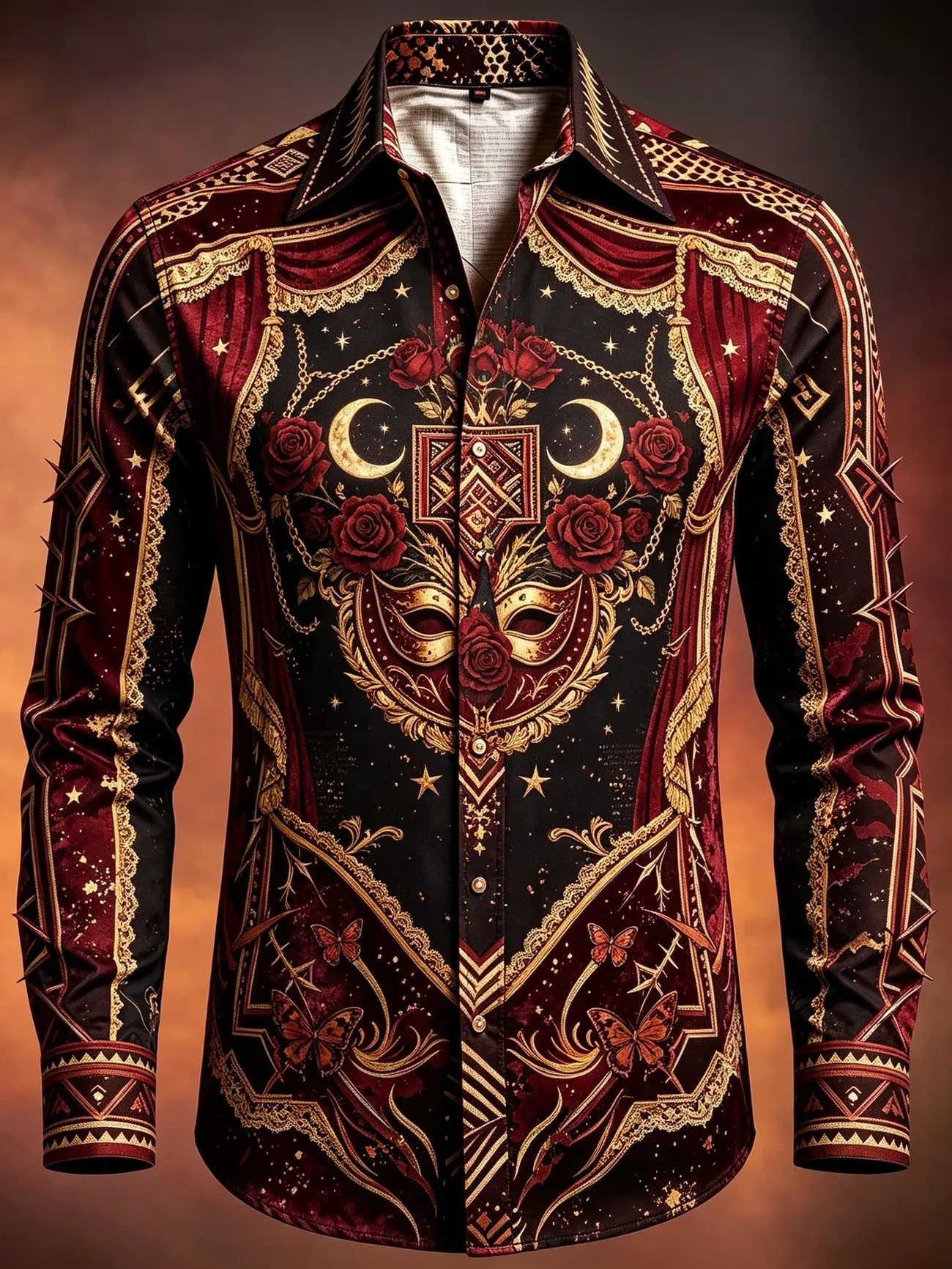 New Wine Red Black Gold Mask Rose Frame Printed Long Sleeve Shirt Vintage Luxury Men's Personalized Shirt
