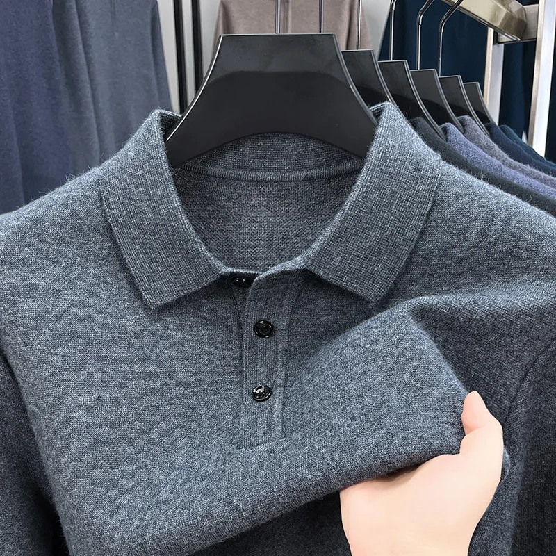 2026 Autumn Winter New Fashion Men Solid Color Turn-down Collar Long Sleeve Simple Basic Casual Daily Knitted Sweater Pullovers