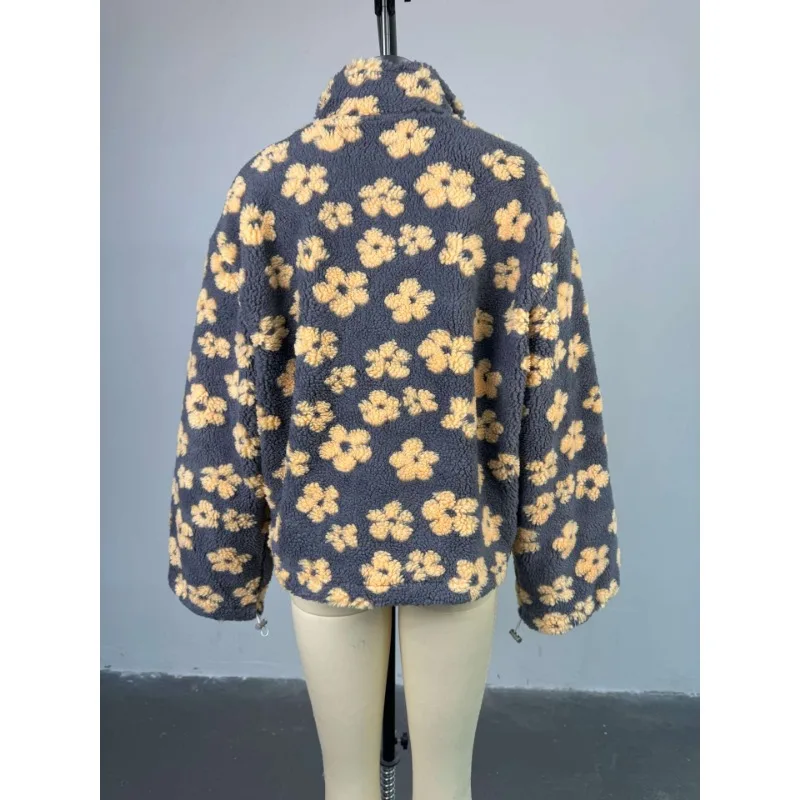 Women's Clothing Autumn Winter Warm Lambswool Jacket Zipper Sweatshirt Patchwork New Stand-up Collar Print Coat Versatile Loose