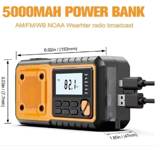 Imagen 1 del producto Radio de manivela de emergencia de 5000mAh/18500mWh, Radio de alerta meteorológica AM FM NOAA, pantalla Digital, manivela de mano alimentada por 4 vías, Radio Solar