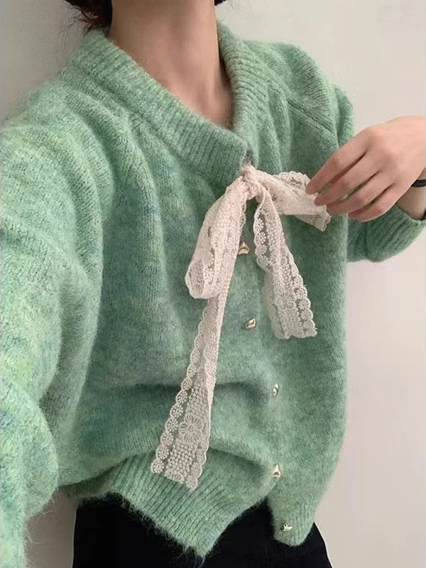

Ретро корейский кружевной узел круглый Ne мягкий уютный вязаный кардиган женский осенне-зимний универсальный свитер маленького размера Jaet