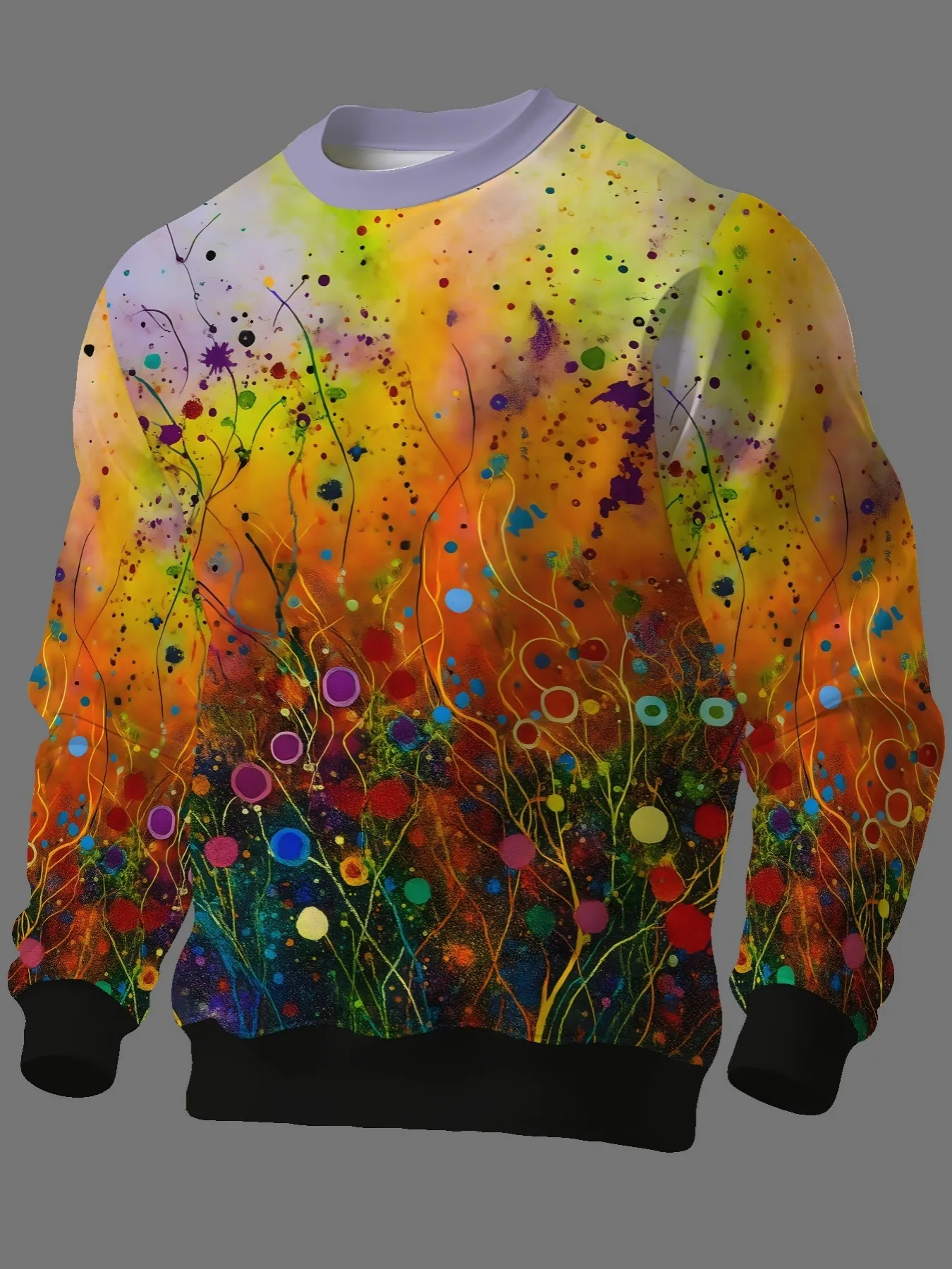 Men Art Crewneck Sweatshirt, Colorful Abstract Floral Splatter Print Polyester Casual Pullover
