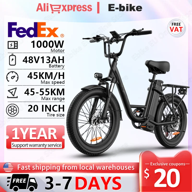 

URLIFE E20 Electric Bike 1000W Motor 48V13AH Battery E Bike LCD High Definition Display 20"*3.0-inch Fat Tires Electric Bicycle