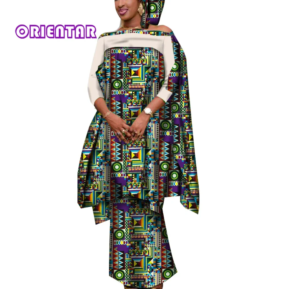 3 Pieces Set African Outfits for Women Casual Blouse and Skirts with Headscarf Lady African Clothes for Women Bazin Riche WY7946