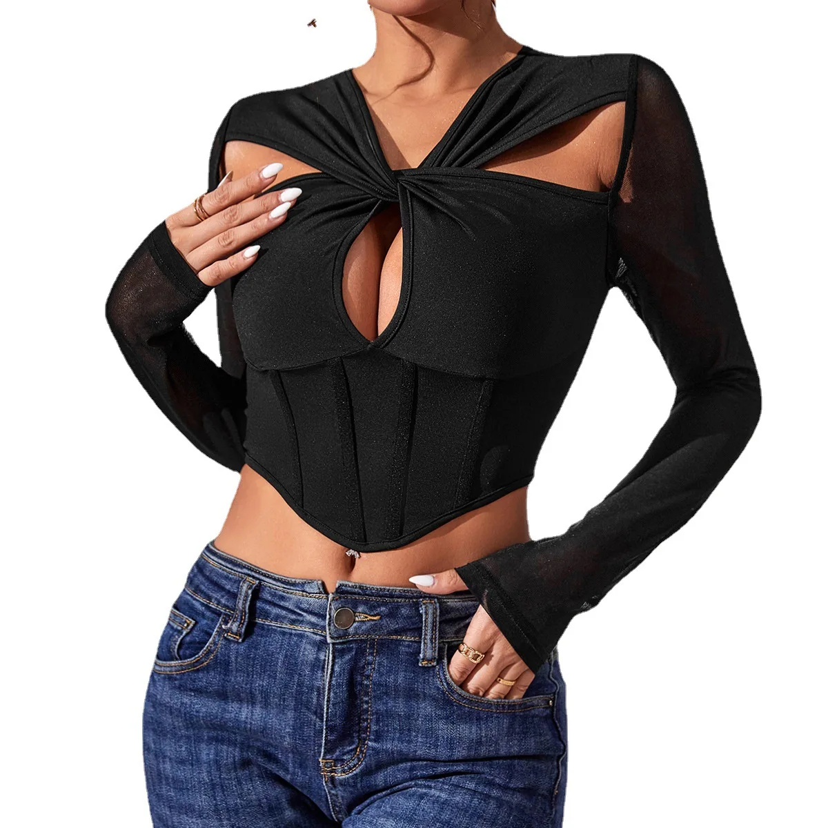 Hot selling spicy girl sexy perspective splicing t-shirt fish bone waist long sleeved top for women aesthetic clothes CYDZ9636
