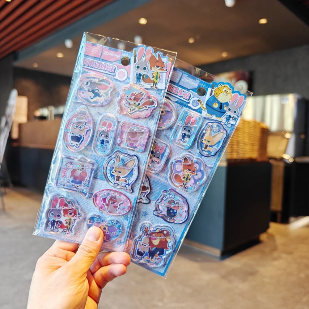 디즈니 주토피아 & 스티치 반짝이는 물 채운 스티커, 어린이 DIY 노트북 장식 데칼 세트