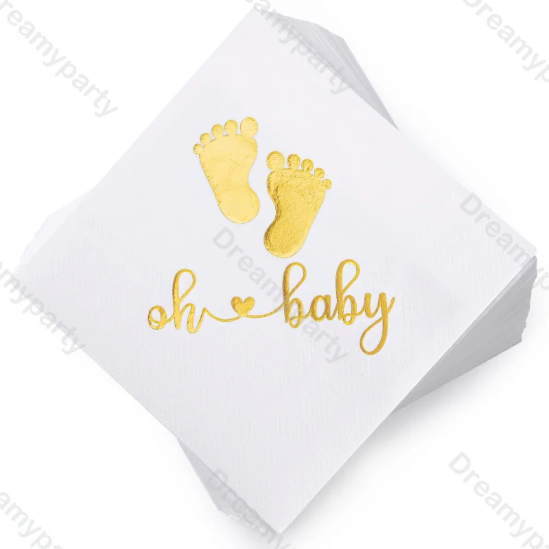 20pcs Oh Baby Rose Gold Sliver Printing Foot Y Paper Napkins For Kids Gender Reveal Baby Shower Disposable Napkin Party Decor