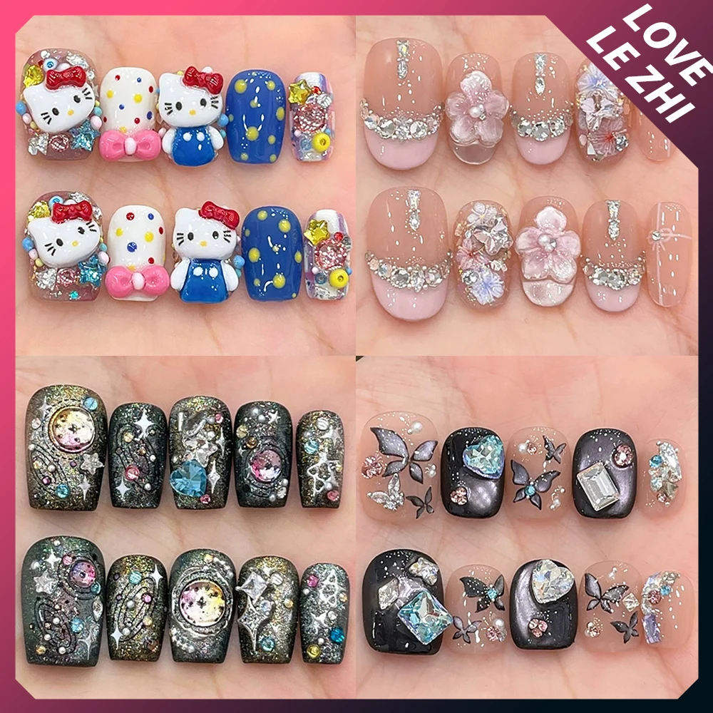 

Light Luxury Colorful Sparkling Diamond Handmade Fake Nails Apple Flower Butterfly Bowknot Cat Eyes Reusable Full Cover Nails