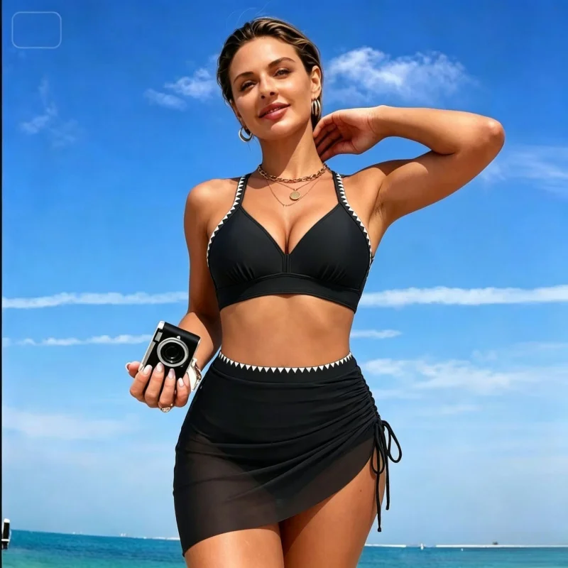Swimsuit for seaside vacation, three-piece set, black mesh skirt-style bikini, drawstring fashion two-piece swimsuit