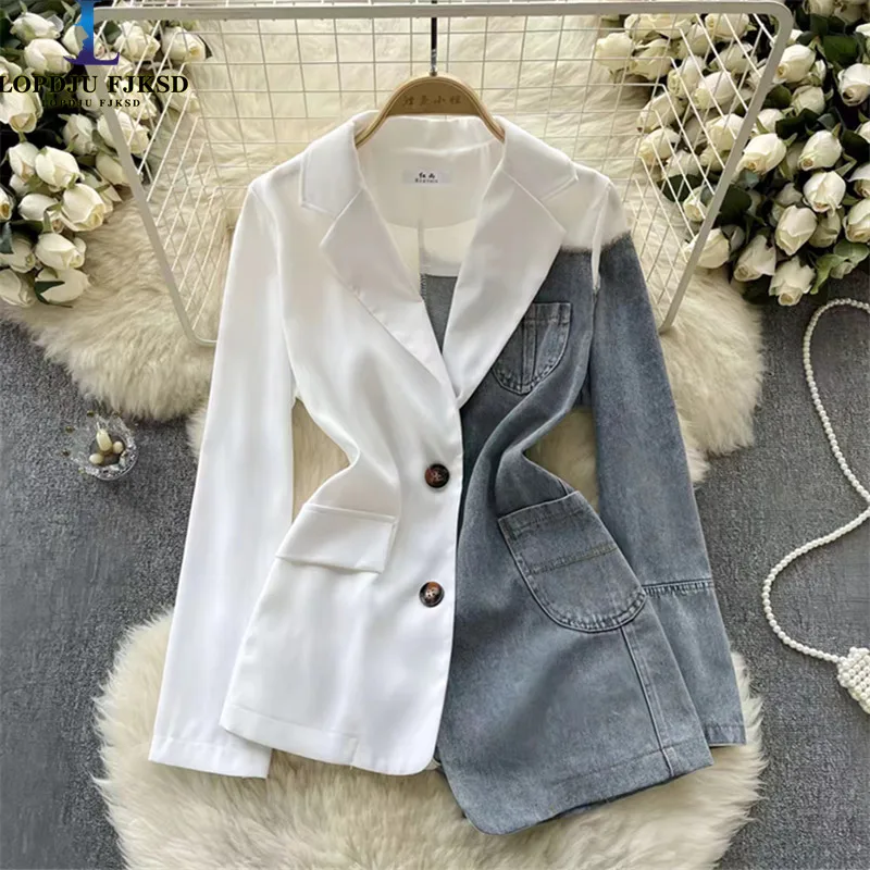 Women\'s Casual Single Breasted Blazers, Elegant Loose Long Coats, Spliced Female Clothing, Spring, Autumn, Winter, New