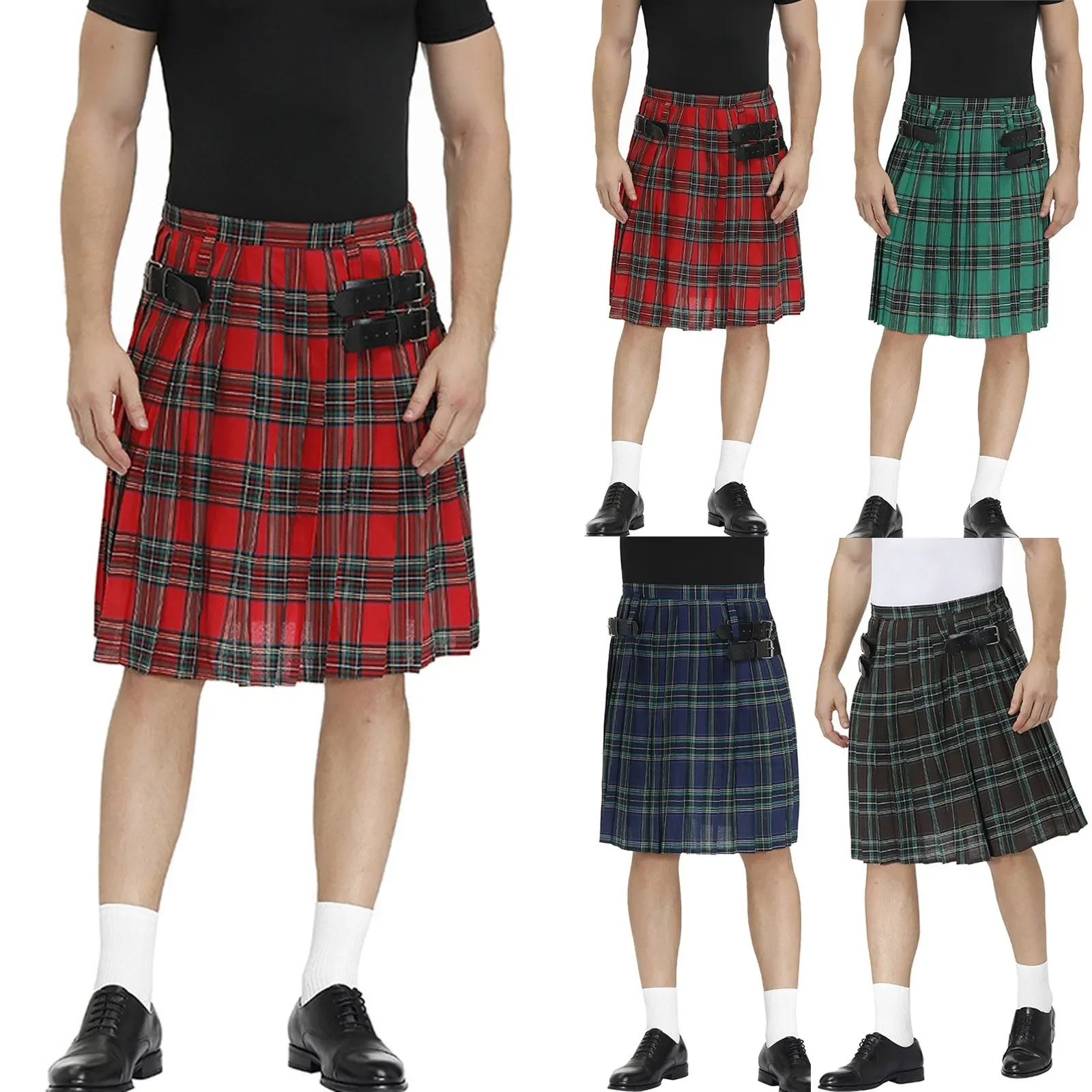 Męska spódnica wakacyjna Modna spódnica na Halloween Casual Retro Scottish Style Plaid Striped Contrast Waistband Pleated Skirts Kilt