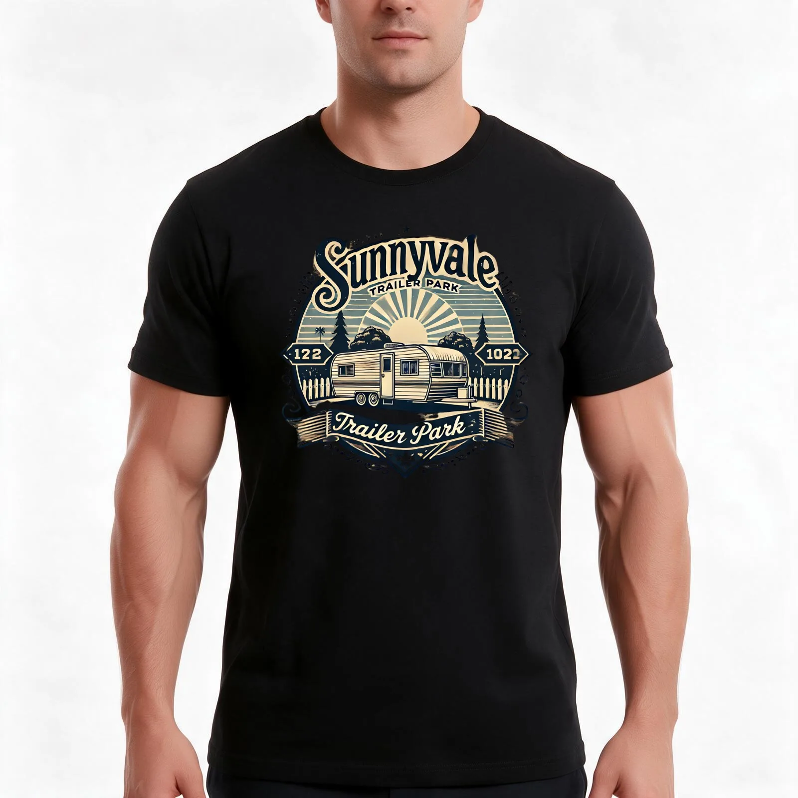 Sunnyvale Trailer Park Design T-Shirt, Summer Casual Cotton Tee, Oversized Streetwear Tops, Vintage Graphic Print, 100% Cotton