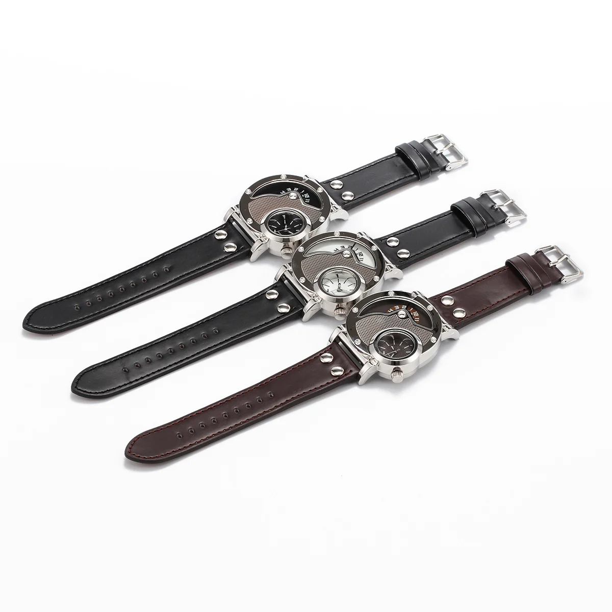 

9591 Watch Men Dual Time Stainless Pu Band Quartz Analog Waterproof Wristwatch Travelers Dual