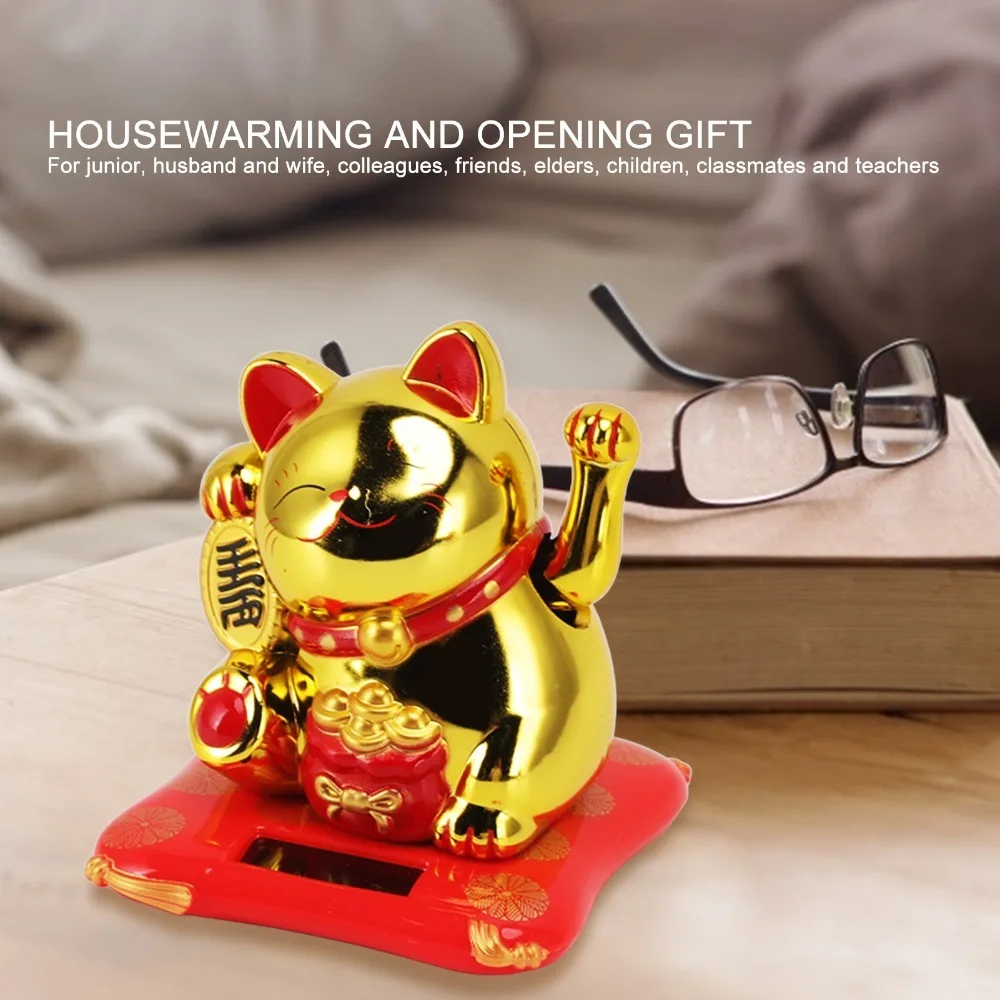 Plastic Solar Waving Fortune Cat Gold Lucky Cat Light Induction Cat Ornament 2.5in Battery-free Solar Operation