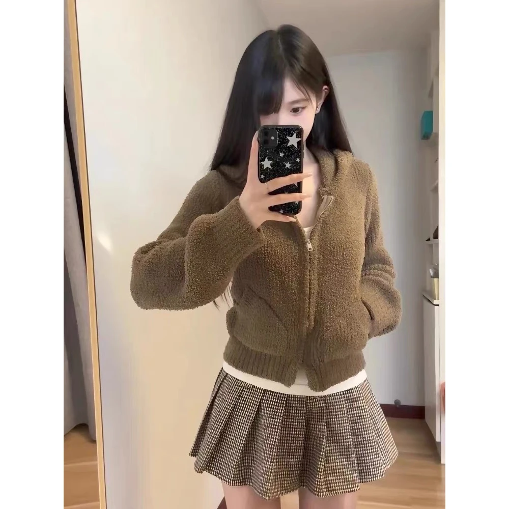 

Soft Faux Fur Hooded Zipper Sweater Jaet Women's Autumn Winter f Velvet High Quali ort Cardigan Top American Retro S...