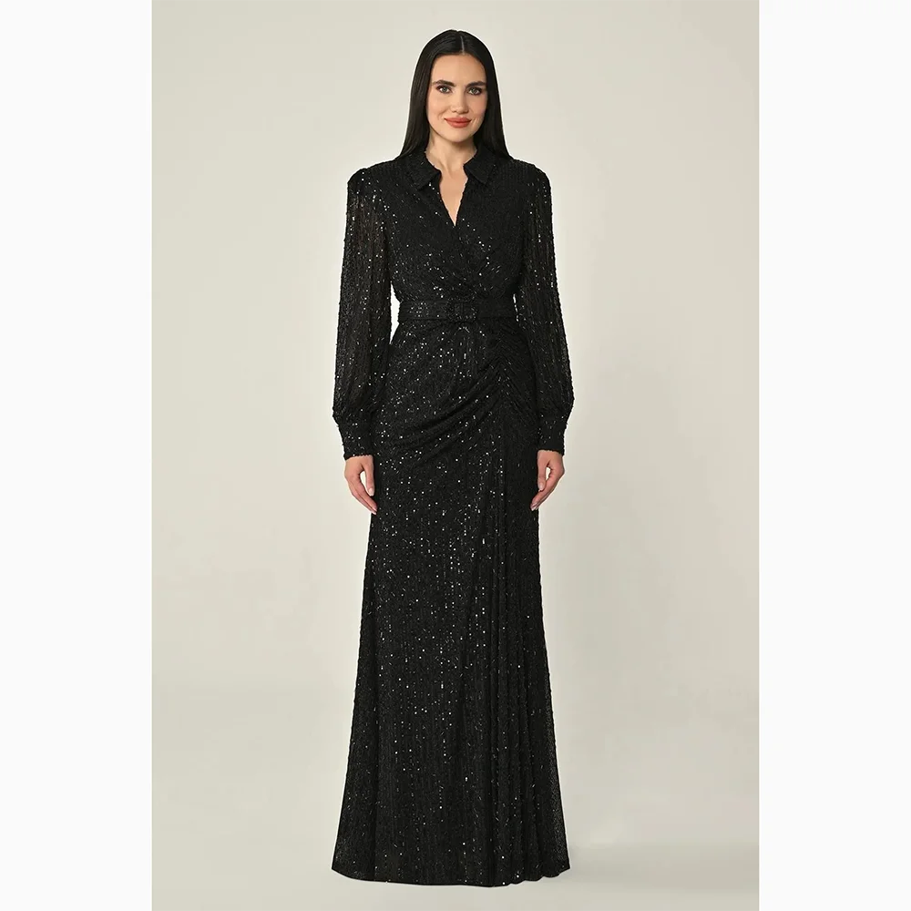 

Customized V-neck Long Slevees Evening Dresses Pearls Crystal Sash Prom Gowns Black Straight Floor Lenght Prom Dress