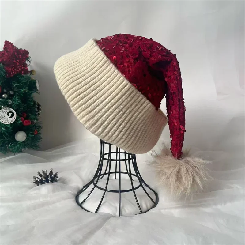 Gorro de Papá Noel, sombreros de Navidad, sombrero de fiesta de Navidad, gorro tejido con purpurina roja para adultos, mujeres, hombres, decoración de Año Nuevo, suministros para fiestas