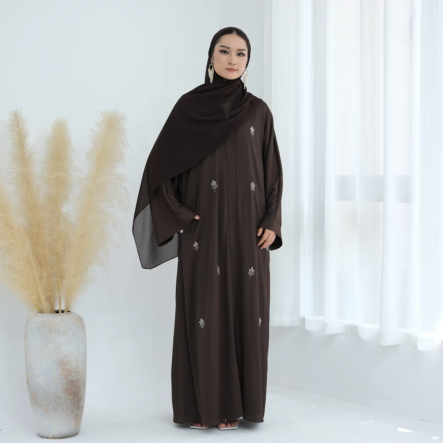 Ramadan Beading Kimono Open Abaya Dubai Kaftan Turkey Robe Kebaya Muslim Women Long Dress Eid Islam Jalabiya Caftan Femme Gown